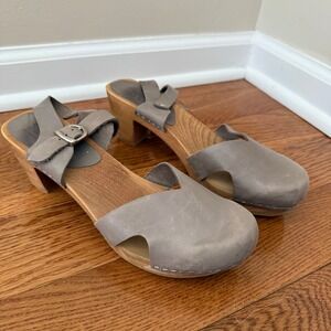 Sanita Original Danish Clogs Gray Leather Ankle Strap Wood Heel Sandals Size 39